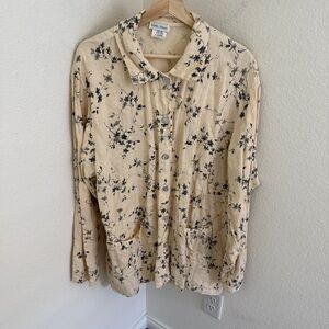 Basic News linen vintage Floral Button-Up Shirt shacket pockets black cream XL